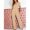 Damen Jumpsuit mit kurzen Ärmeln, V-Ausschnitt, hoher Taille, einfarbig, lässig, weites Bein, mit Gürtel