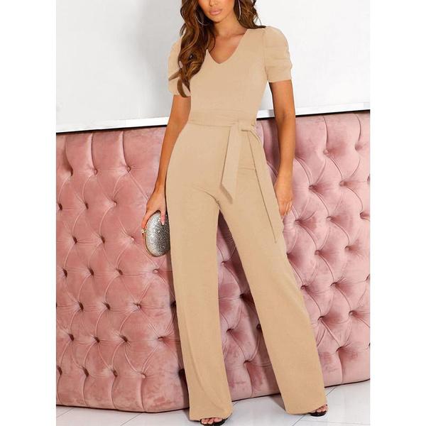 Damen Jumpsuit mit kurzen Ärmeln, V-Ausschnitt, hoher Taille, einfarbig, lässig, weites Bein, mit Gürtel