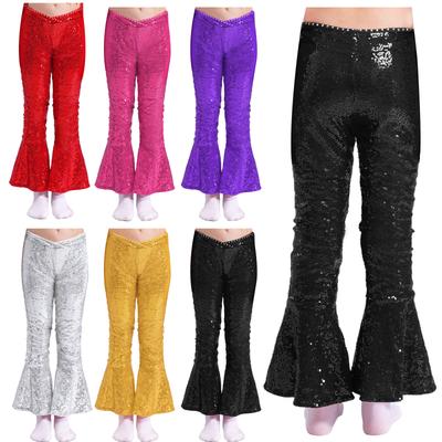 Calças de Dança para Meninas Brilhantes Adornadas com Strass Lantejoulas Zíper Bainha Flare Calças de Competição