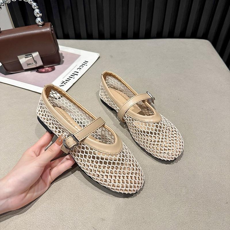 

New Fishnet Ballet Flats Woman Chic Brand Design Hollow Out Lace Mary Jane Shoes Ladies Summer Sandals Breathable Mesh Zapatos 43 светло-желтого