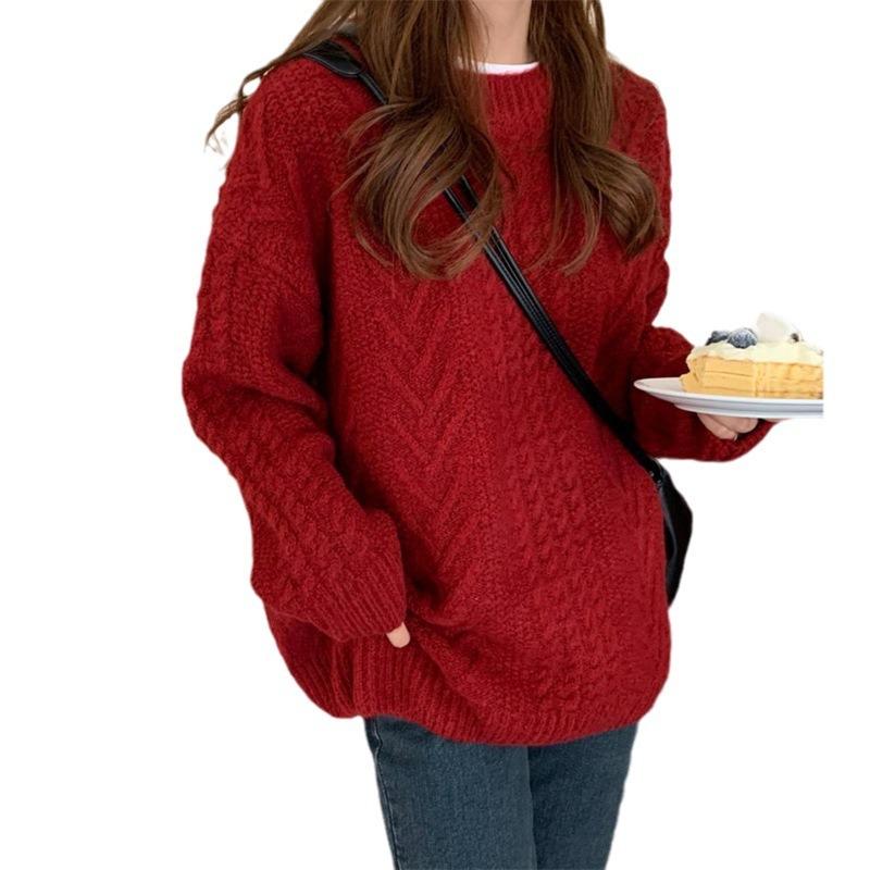 Crew neck retro twist solid color pullover sweater women's autumn and winter new wool bottoming knitted sweater