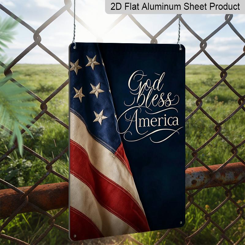 2D Flat "God Bless America" Patriotic Metal Sign, 8×12 Inch Aluminum Wall Art, Vintage American Flag Design, Durable Decor for Memorial Day