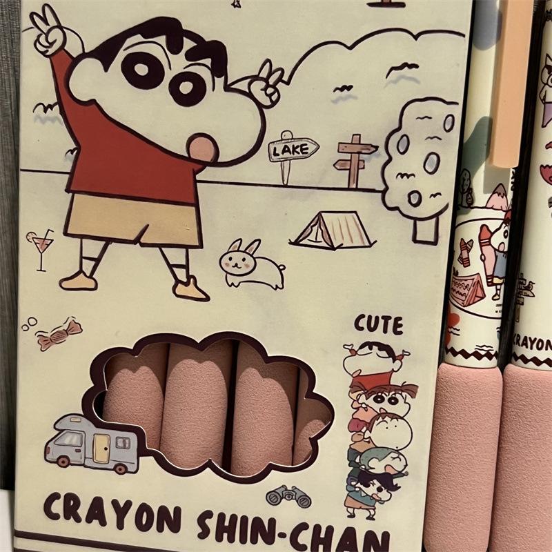 6Pcs Kawaii Crayon Shin-Chan Gel Pen Quick-Drying Black Ink Writing Smooth Soft Grip Pen Cute Student Stationery Office Supplies