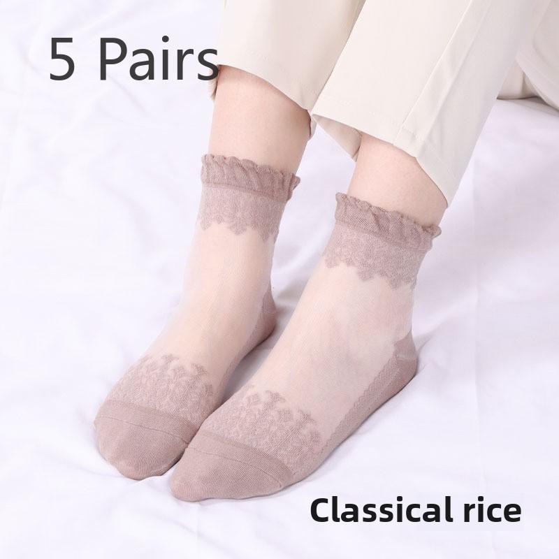 5 Pairs of Women's Spring Thin Mid Cylinder Cotton Sole Lace Lace Socks