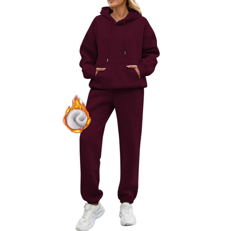 Womens Solid Color Long Sleeve Hooded Fleece Lined Sweatshirt Casual Pants Set Winter