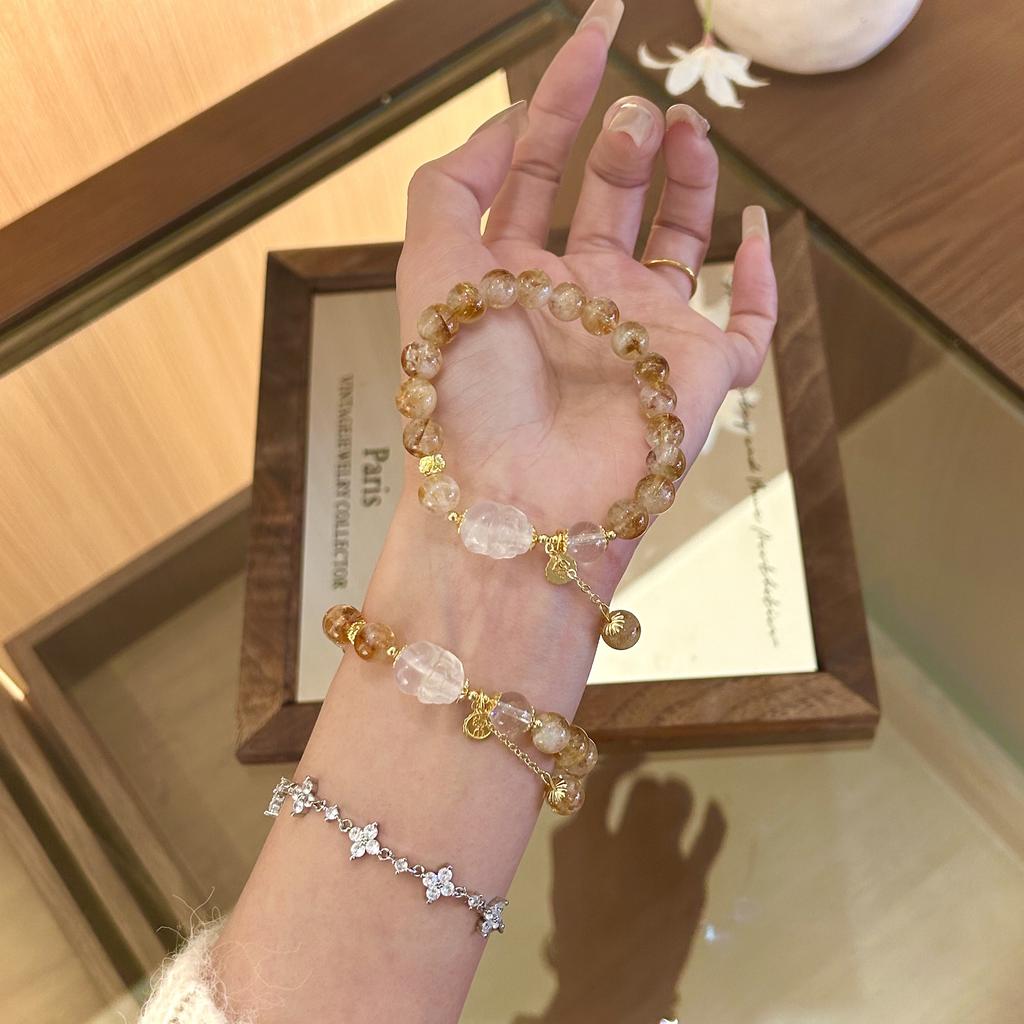 Natural Yellow Crystal Bracelet for Women, Original Design, Fortune-attracting and Luck-bringing, Beaded Yellow Crystal and White Crystal Pixiu