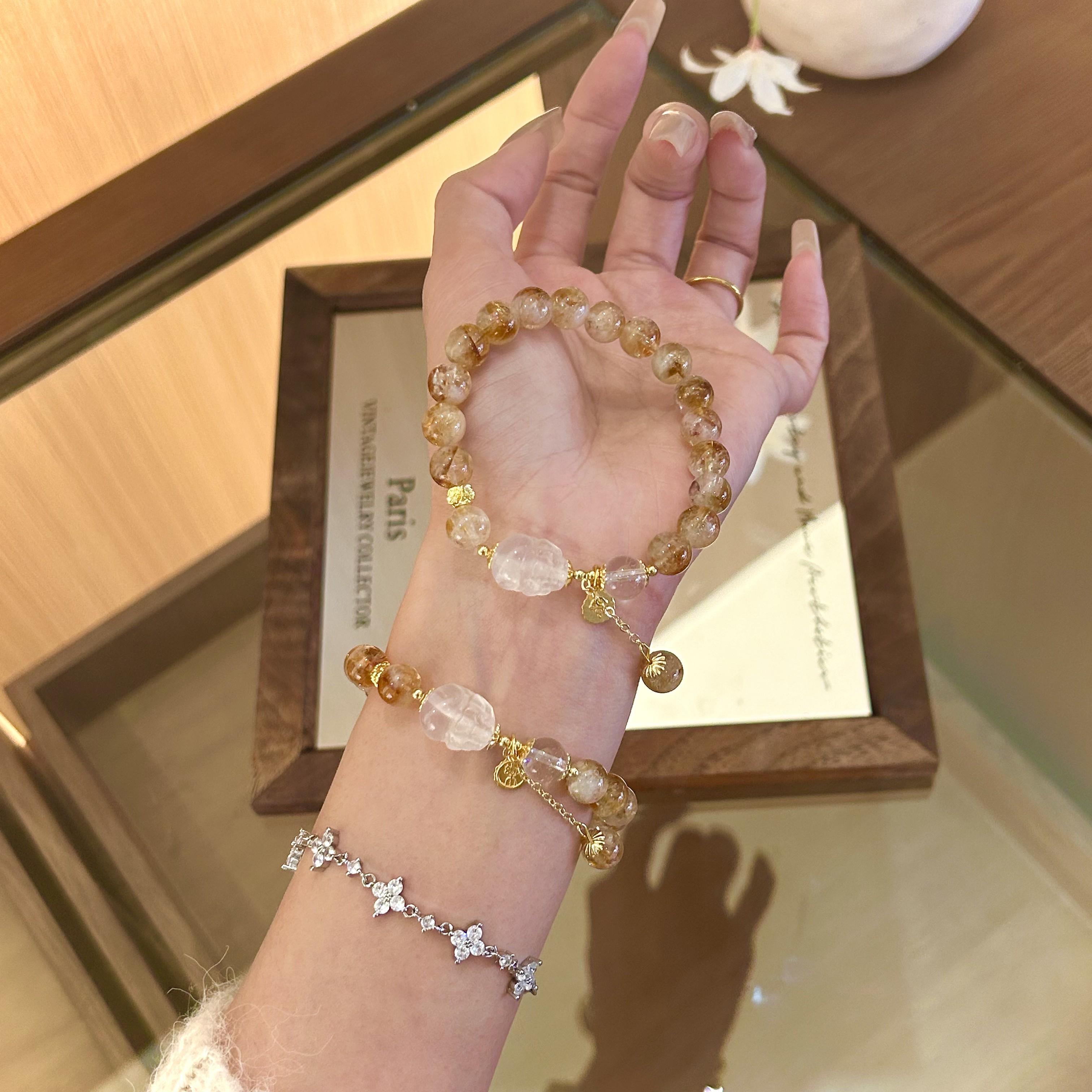 

Natural yellow crystal bracelet for women, original design, fortune-attracting and luck-bringing, beaded yellow crystal and white crystal Pixiu 8.6m Yellow Tower Gold+Wh