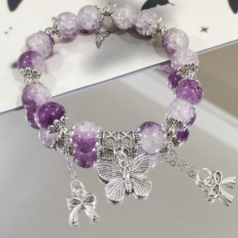 1pc Fashionable Glass Beaded Bracelet With Butterfly Charm, Delicate Cracking Design