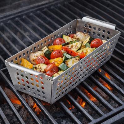 Stainless Steel Vegetable Grill Basket Double Handle Reusable Grilling Plate Leakage Hole Design Rectangular