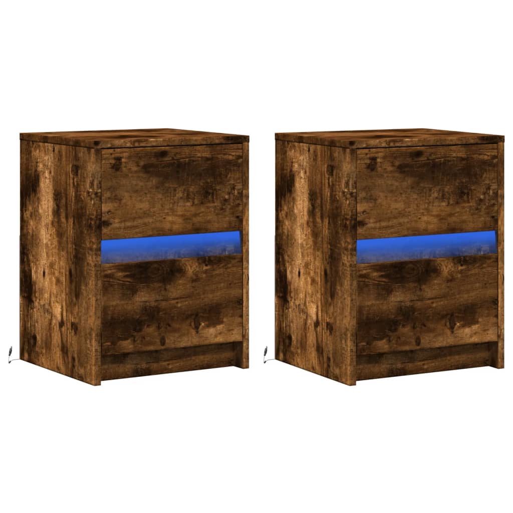 Vidaxl Bedside Tables with LED Lighting, 2 Pcs., Smoked Oak