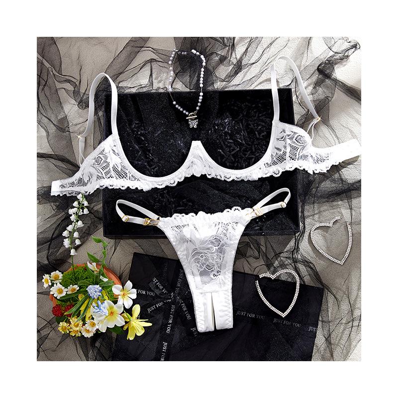 White Lace Three-Point Open Crotch & Bust Lingerie Set with Cutout Thong