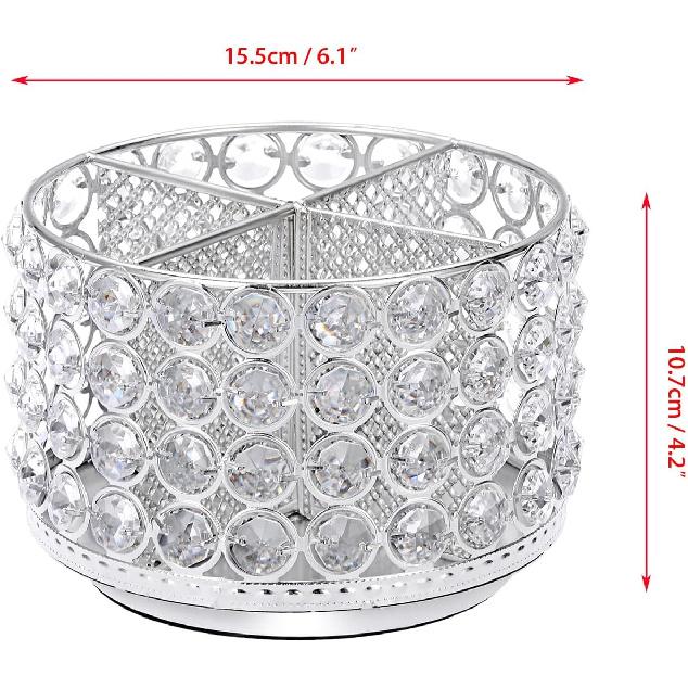 BTSKY Crystal 360 Degree Rotating Desk Organizer Decorative Storage Box with 4 Compartments, Glitter Metal Makeup Brush Holder Elegant Storage Caddy