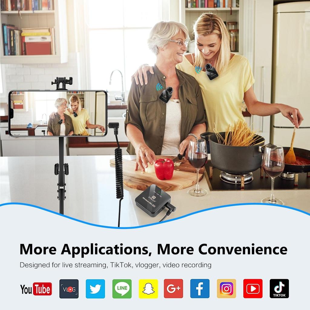 PULUZ 2.4G Wireless Lavalier Microphone,2 TX+1 RX,10-Hour Battery, Bluetooth/Video Modes, with Monitoring, Wind Muff, for Phone/PC/Livestream