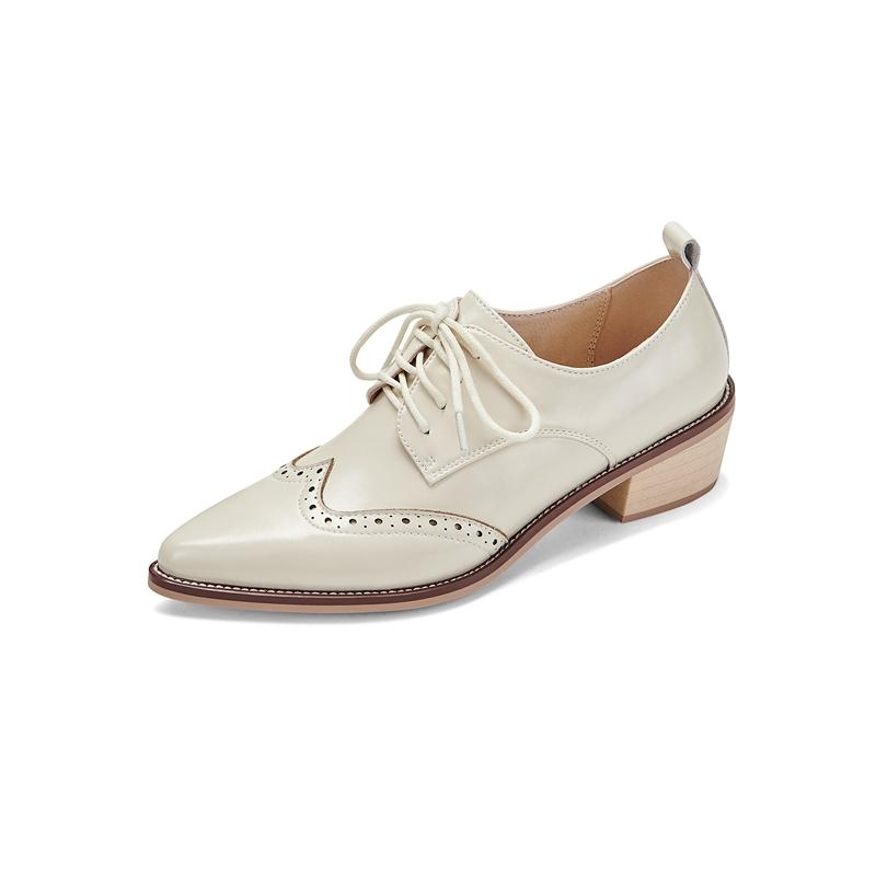 Fashion 2025 Women's European and American New Spring and Autumn Pointed Leather Lace up Middle Heel Retro Blake Lefu Single Shoes