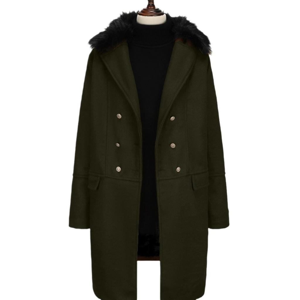 2024 Autumn/Winter European Casual High-Quality Double-Breasted Slim Fit Wool Coat with Fur Collar