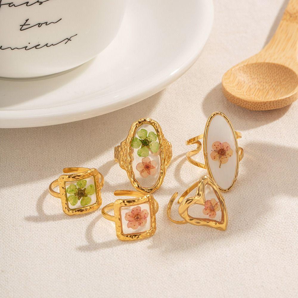 Stainless Steel Summer Transparent Ring Korean Style Open Ring Vintage Eternal Flower Ring  Gift