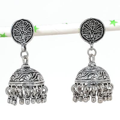 Brinco tribal de prata com pedra preciosa jhumki de aparência indiana natural Bali 1,85" P9Z36
