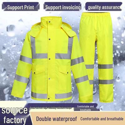 Fluorescent Yellow Men's Reflective Rain Pants & Coat Set with 300D Oxford Fabric PU