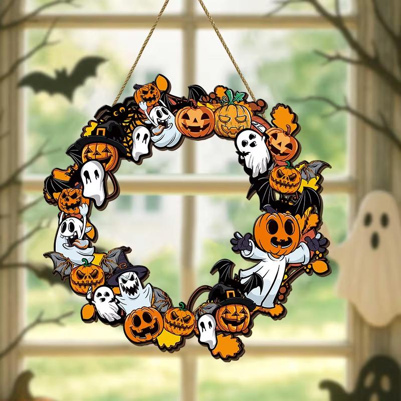 1/2pcs Halloween Pumpkin Bat Ghosts Wreath Wooden Tag Indoor Outdoor Pendant For Festive Party Doors Windows Home Decoration