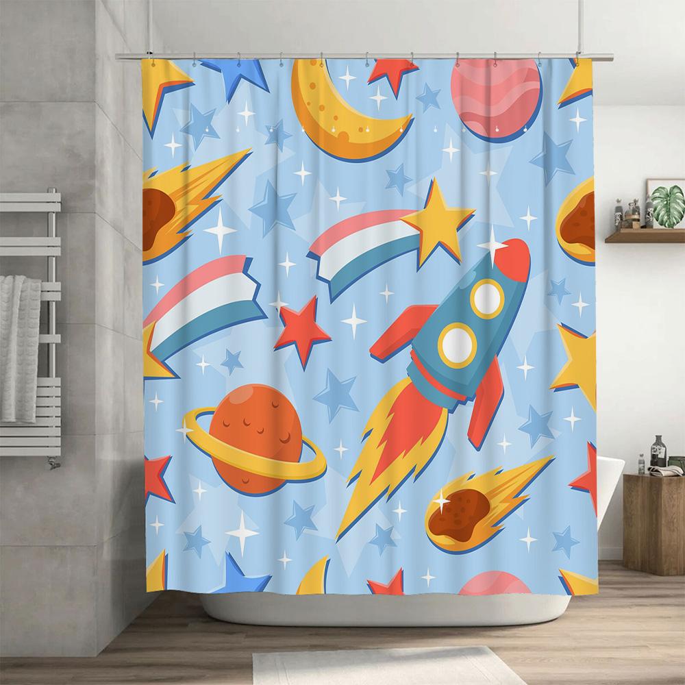 Whimsical Space Shower Curtain Cute Galaxy Pattern for Bathroom Decor Vibrant Rocket Design Planets Waterproof Fabric with Hook