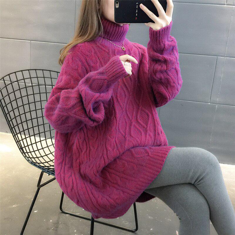 Turtleneck Loose Lazy Wind Long Sweater Women Long Sleeve Striped Jacquard Straight Knitted Sweater Women Female Spring Autumn