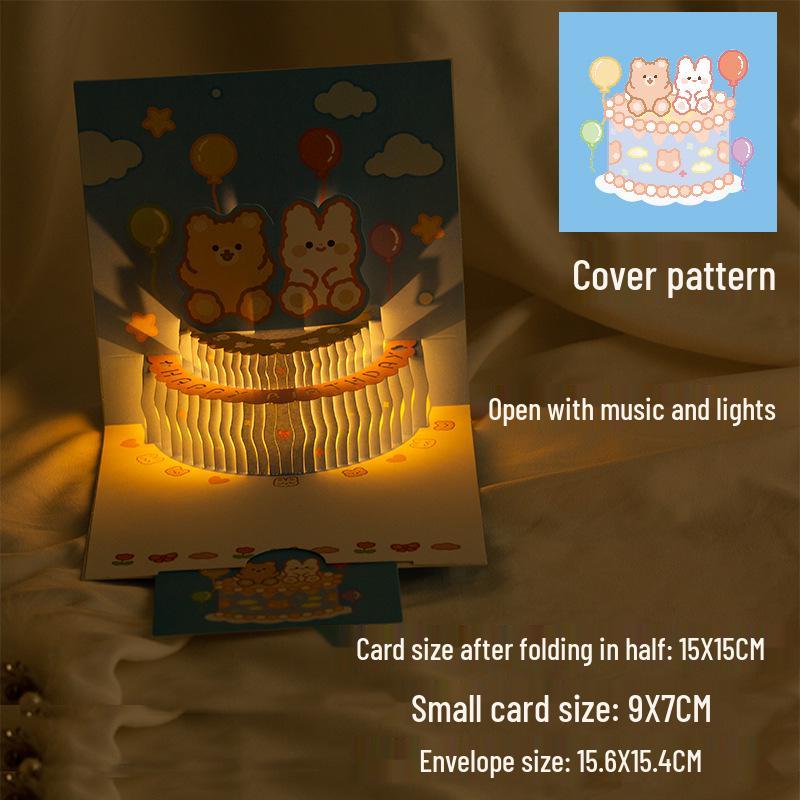 Creative 3D Music Bear Birthday & Qixi Greeting Card with Surprise Blessing and Envelope