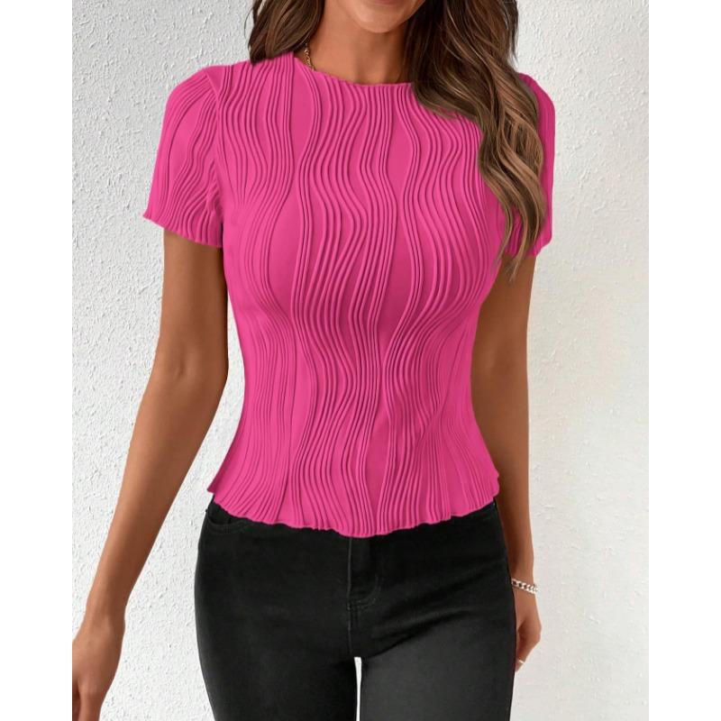 Summer Round Neck Slim Fit Short Sleeved T-shirt Elegant Simple Top Fashion Street Wear Casual Solid Color Blouse Pleated Office Shirts Tees