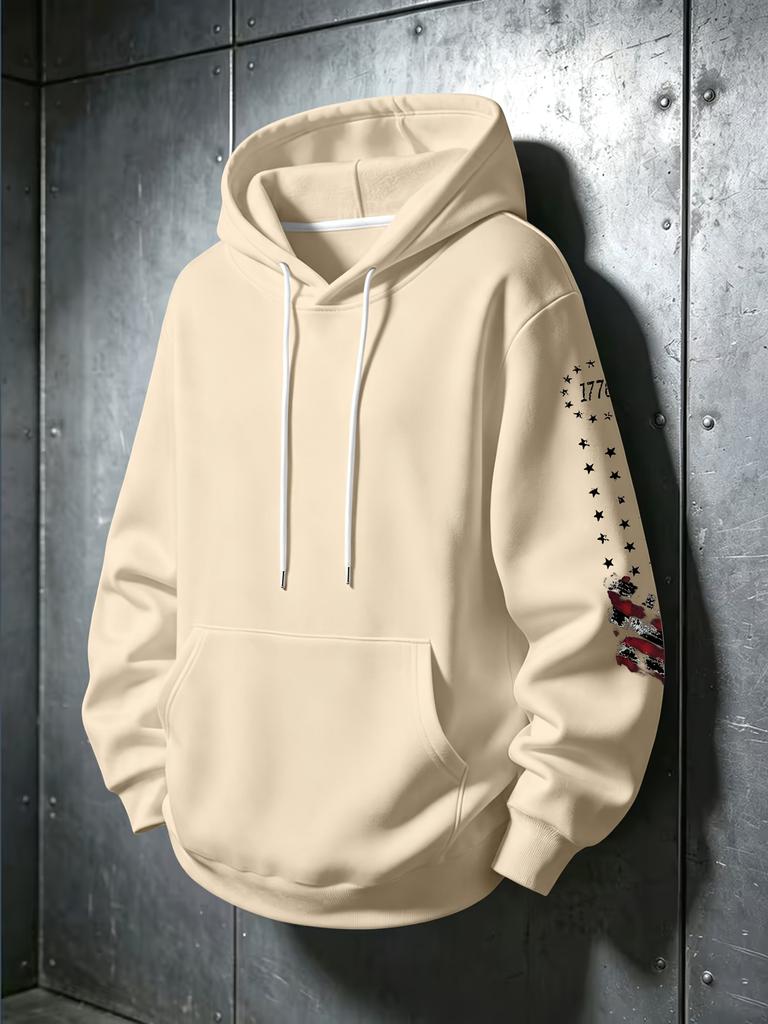 Men's American Flag Sleeve Graphic Hoodie, Patriotic Flag Sleeve Print Pullover Hooded Sweatshirt Casual Long Sleeve Top with Pocket