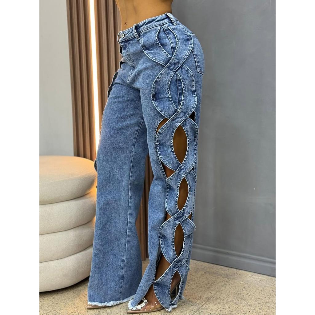 Jeans Pantaloni Hip Hop Svuotati Sexy Donna Vita Alta Eleganti Night Club Gamba Larga Denim Pantaloni Dritti