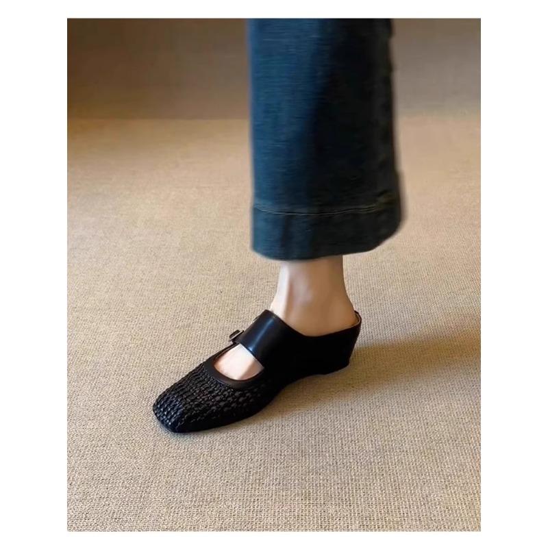 Women Women Summer Square Toe Double Buckle Wedge Heel Slip On Retro Breathable Outdoor Slides