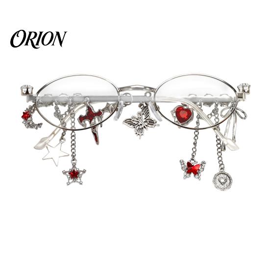 Personalized Styling Eyewear Aesthetic Oval Fake Glasses with Pendant, Anti-Blue Light Decorative Metal Fashion Eyewear, for Teen Girls Butterfly Star