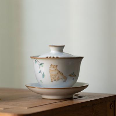 150ml Ceramic Gaiwan Ru Kiln Three Talents Gaiwan Cute Cat Tea Bowl