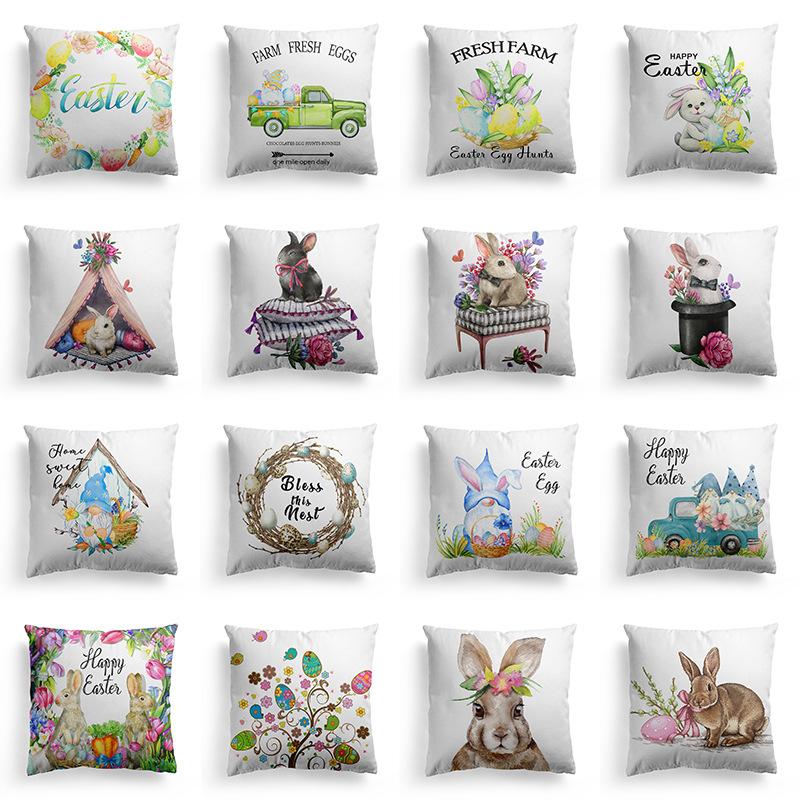 New Spring Easter Pillow Case Bunny Flowers Wreath Peach Skin Fleece Print Pillow Clothes Cover