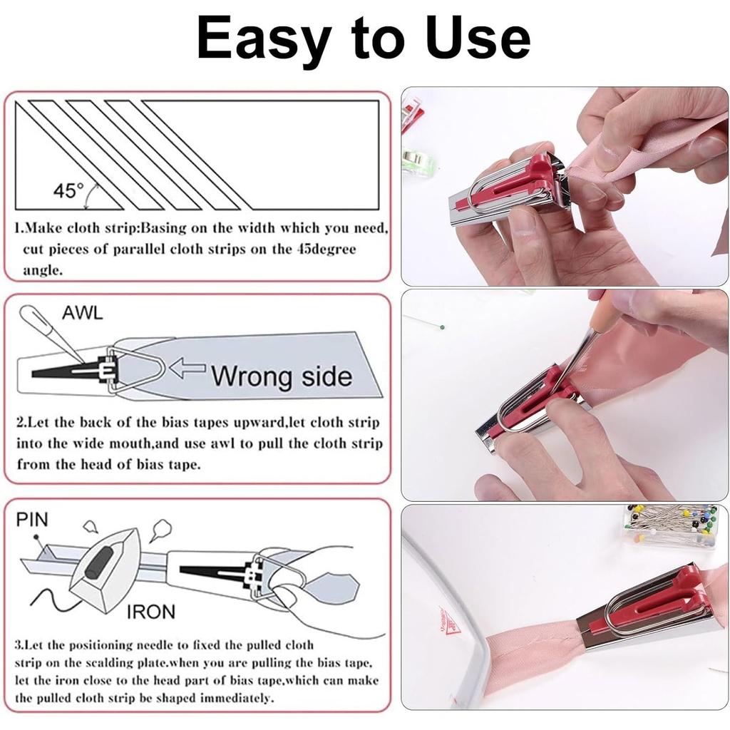 4 Sizes Bias Tape Maker Set,Single and Double Fold Fabric Bias Binding Maker Sew Tools for Fabric Quilting Sewing Crafting DIY Quickly Customize