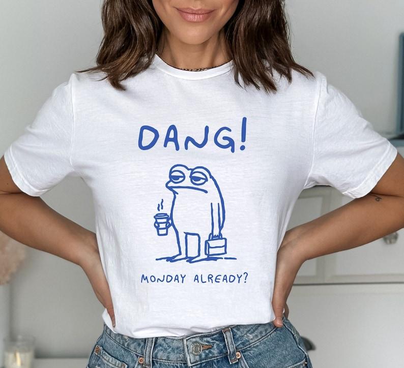 

Monday Color Design Funny Frog Coffee Monday Silly Frog Harajuku Sleeve Casual Tshirt Clothing Street Tops Aesthetic Clothes S