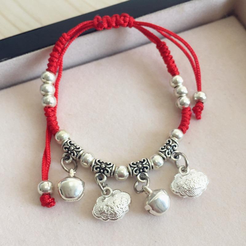Retro red rope bracelet, small fresh couple bell, long life lock, safe anklet, handmade hidden silver jewelry.