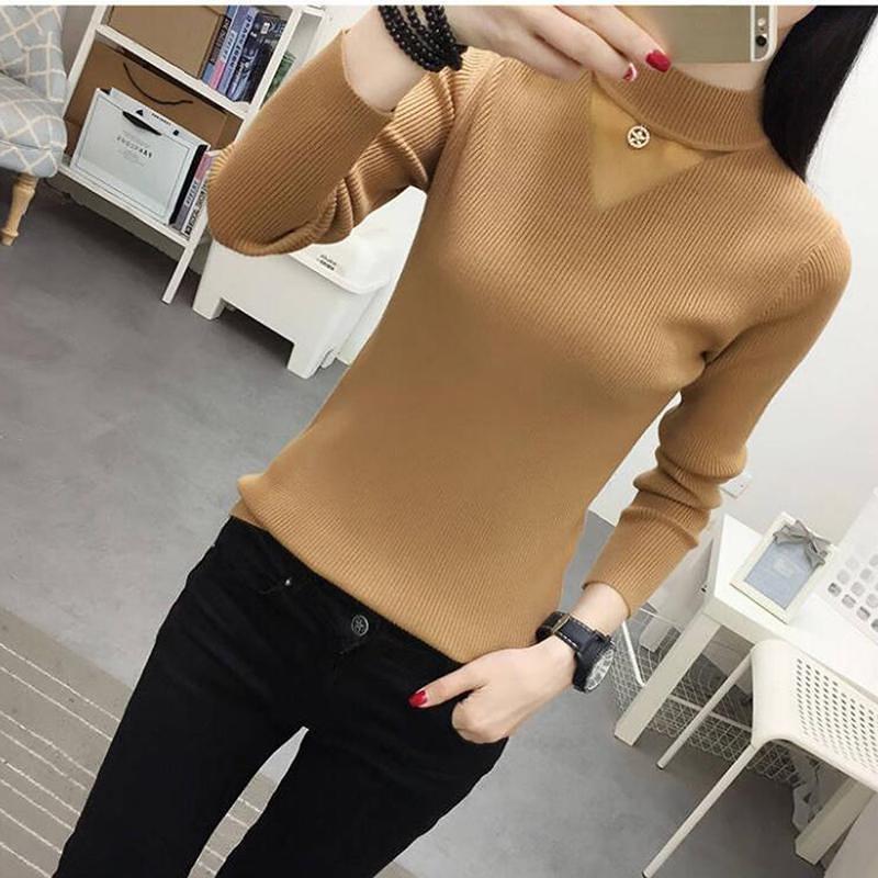 New Women's Turtleneck Pullover Slim Knit Jumper Winter Hollow Gauze  Yellow Sweater Tops
