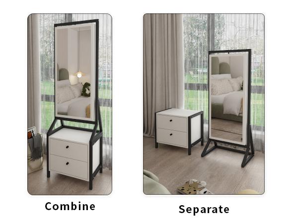 360 degrees Jewelry Cabinet with Full-Length Mirror, Rotating Jewelry Cabinet with 2 Lower Drawers, Freely Rotatable, Spacious Storage