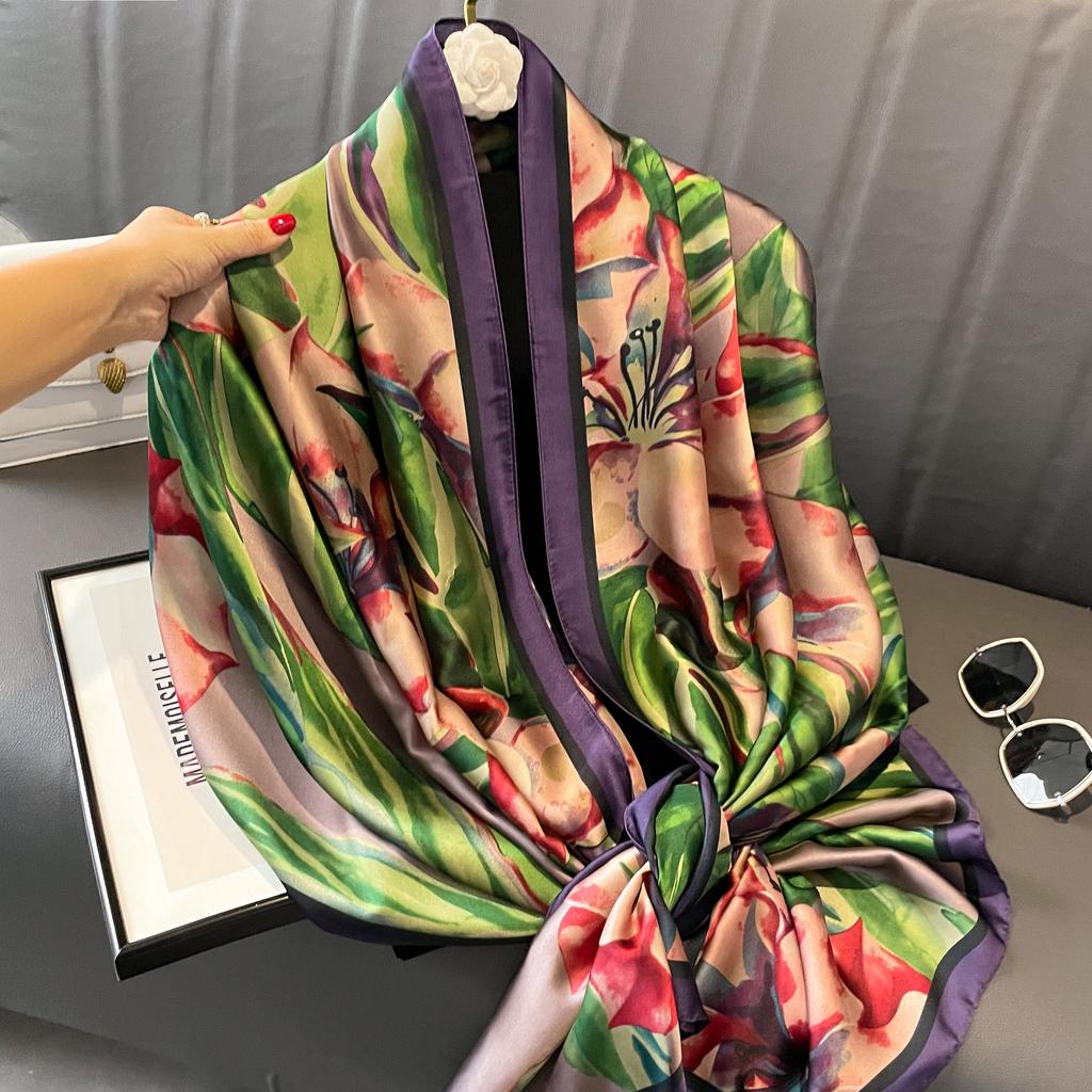 New Simulated Silk Printed Scarf for Women's Autumn and Winter Warmth Scarf Fashionable and Fashionable Foreign Style Shawl