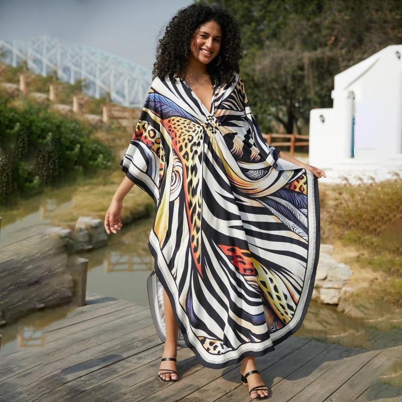 Vestidos casuales holgados con cuello en V y manga larga con estampado de bloques de color para mujer, primavera y otoño