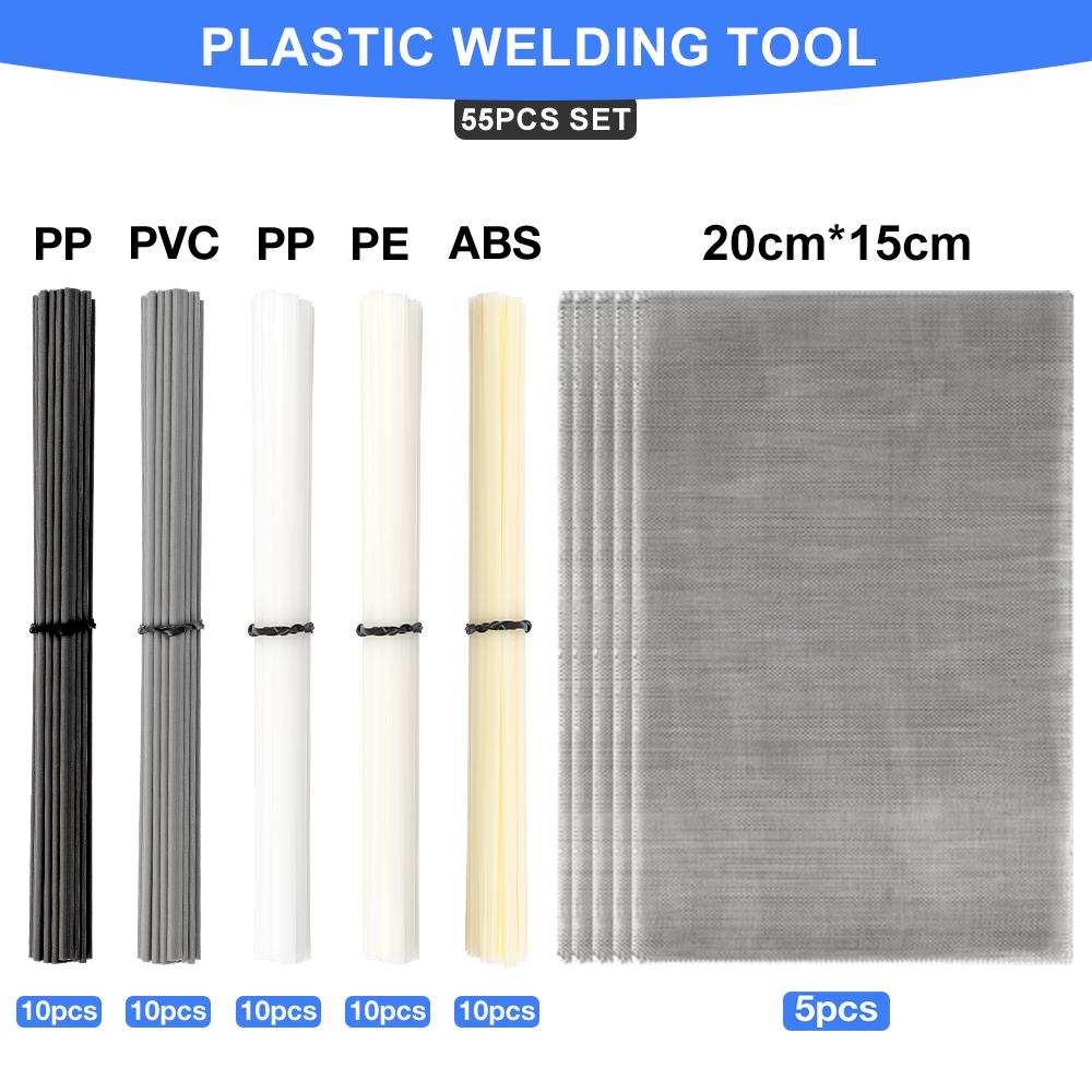55/110 ks Svařovací sada plastů, Svařovací tyče z plastu ABS PP PVC PE, Svařovací opravná síť z nerezové oceli 304, Nástroj na opravu nárazníku auta