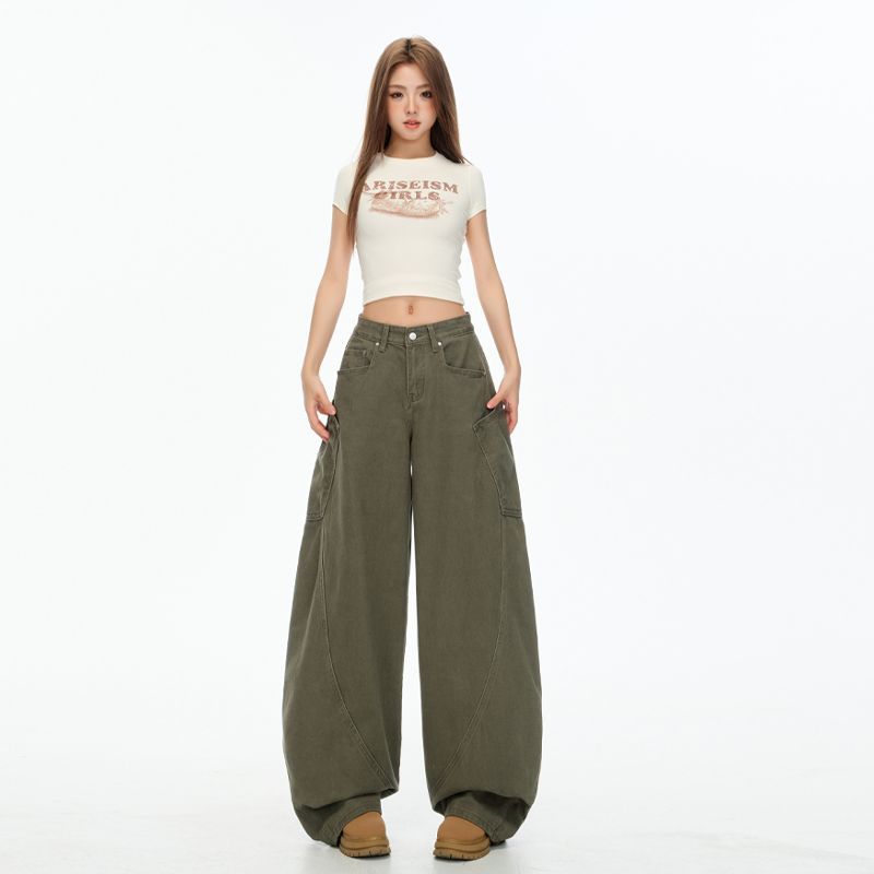 Army Green American Retro Design Big Pocket Scimitar Jeans Women's Summer and Autumn New Mopping Wide-leg Pants