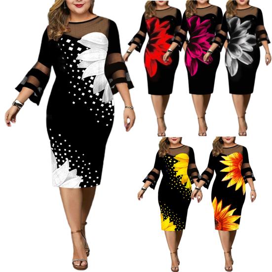 Damenkleid Digitaldruck Übergröße Temperament Rundhals Bodycon-Kleid