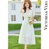 Tea Break French V-neck Tied Waist, Bubble Sleeves, Printed Seaside Vacation Style Dress