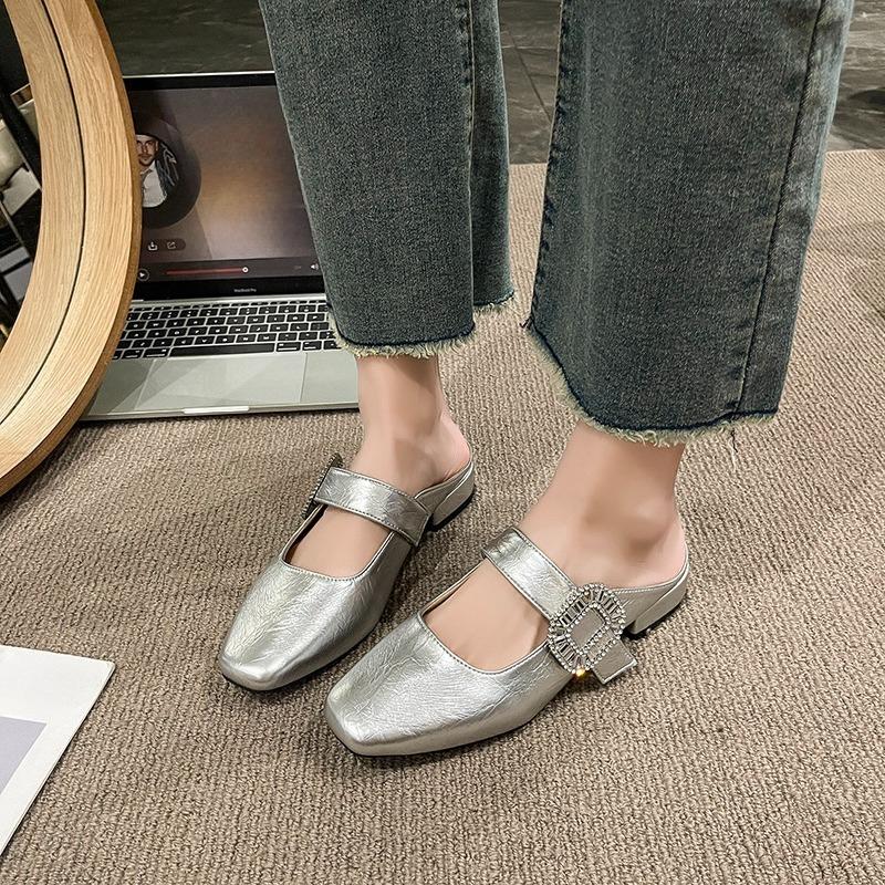 Fashion 2025 New Fashion Square Head Rhinestone Buckle Strap Sexy Slingback Sandals Women Pumps Slippers Low Square Heels Banquet Shoes