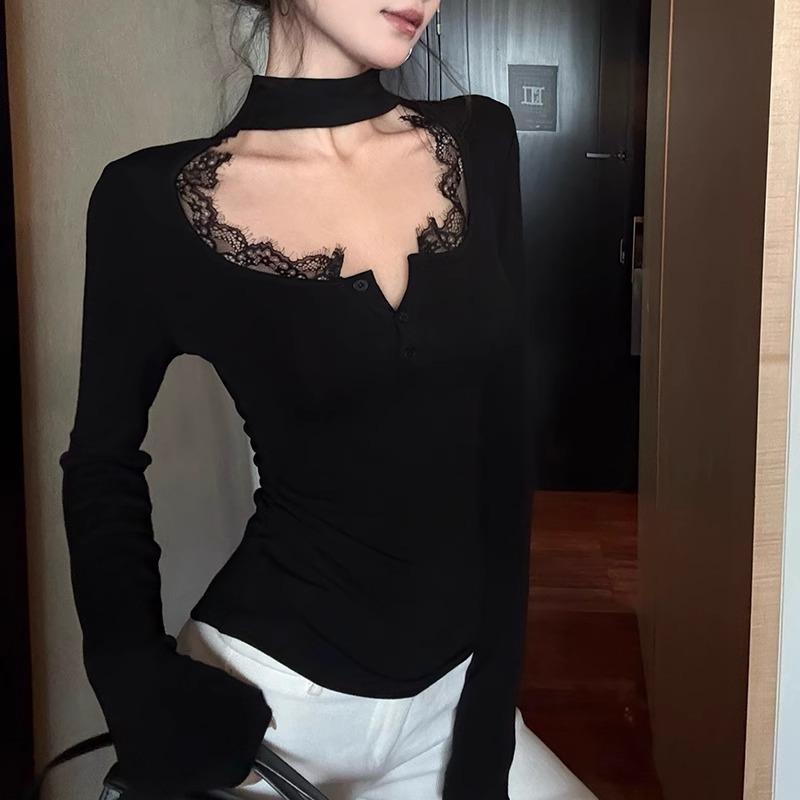 

Solid color lace splicing semi-turtleneck bottoming shirt women s early winter slim-fit long-sleeved German velvet T-shirt XL чёрный
