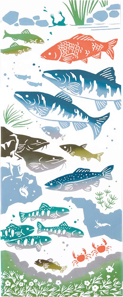 Made in Tenugui with Freshwater Fish 34 x 90cm Miyamoto-Towel Kenema, Japan, Chū-dyed (Tenugui) Design,