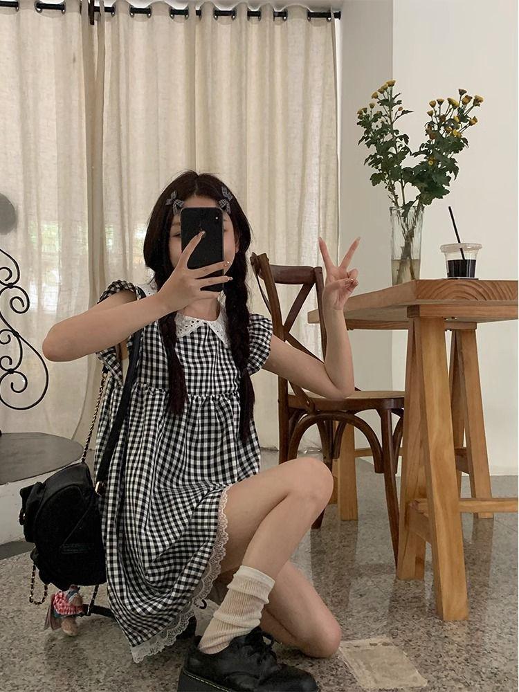 Black & White Plaid Flutter Sleeve Summer Dress with Lace Patchwork - Women's A-line Slimming Skirt