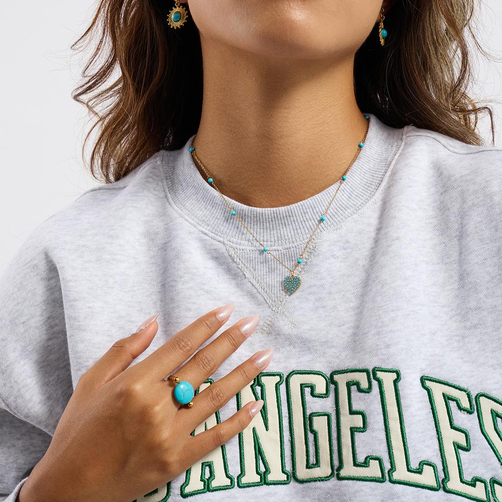 Youthway Natürlicher Stein Blau Türkis Herz Anhänger Halskette Vielseitig Edelstahl Wasserdicht Modeschmuck Herbst Stil