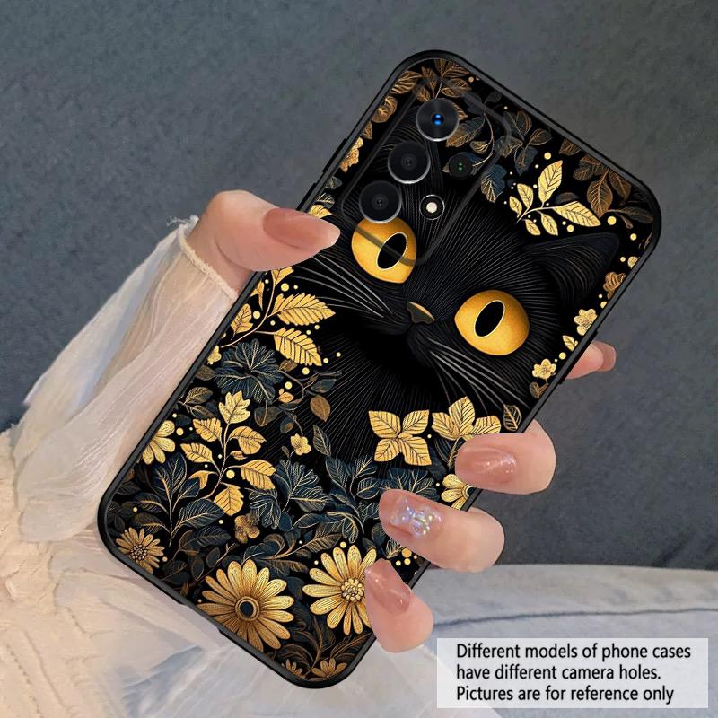 Flower Cat Black For Samsung A03 Core A 04 05 06 12 14 15 16 22 23 Galaxy A25 26 4G 34 35 52 53 56 71 73 90 5G soft phone case